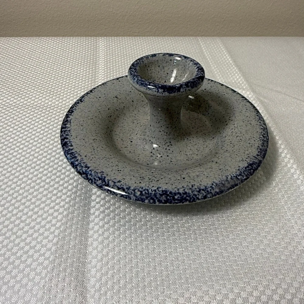 Vintage Blue Spongeware Ceramic‎ Taper Candle Holder Chamberstick Farmhouse